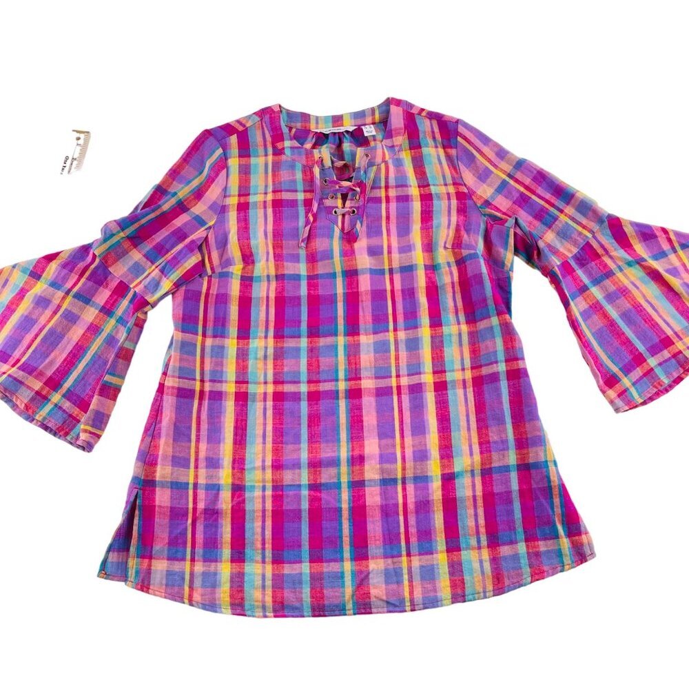 Isaac Mizrahi Live! Womens Multicolor Plaid‎ Bell Sleeve Blouse Size M